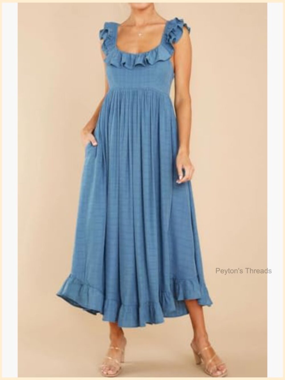 Sleeveless Midi Dress with Pockets Tie Back Ruffle A-Line Flowy Sundress - Picture 3 of 5